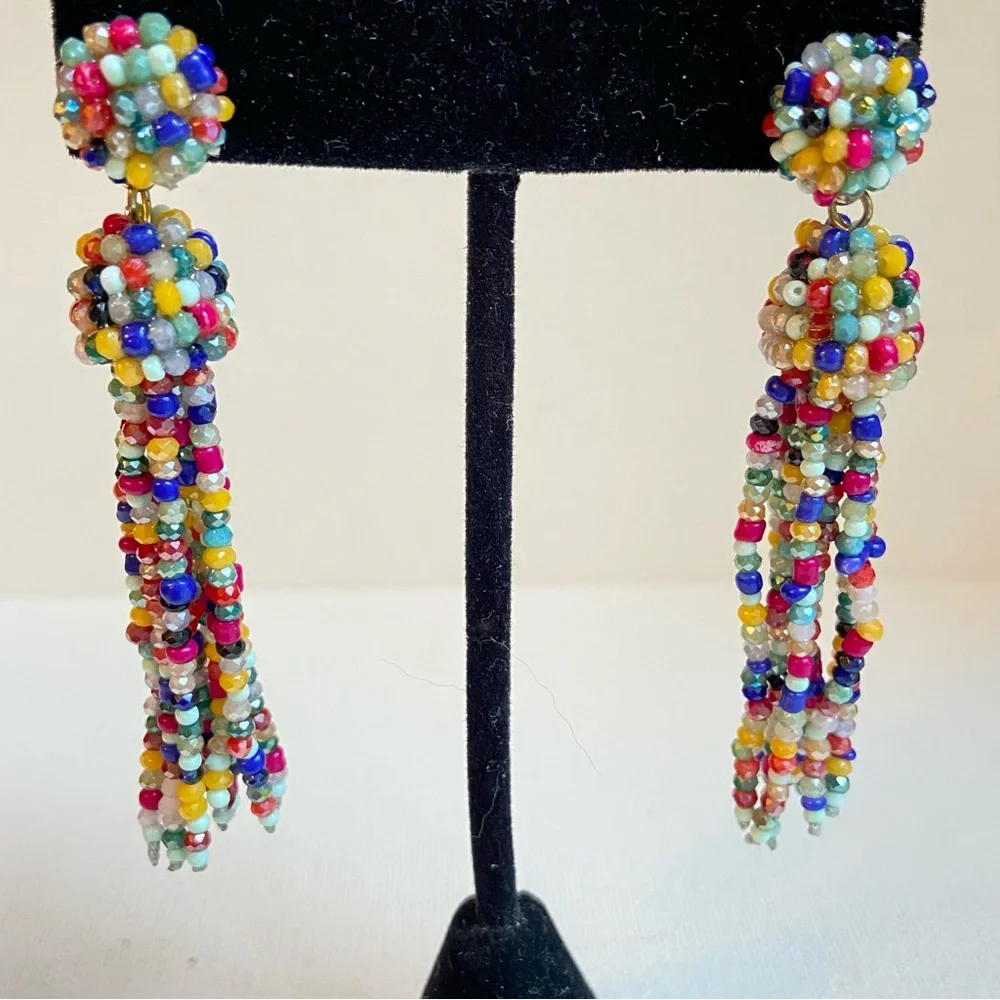 Seed bead tassel earrings pierced post and dangle sparkly and multi color